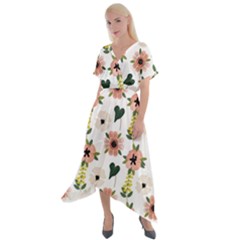 Flower White Pattern Floral Cross Front Sharkbite Hem Maxi Dress