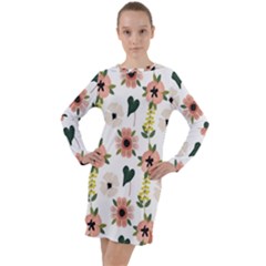 Flower White Pattern Floral Long Sleeve Hoodie Dress