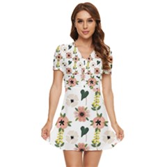 Flower White Pattern Floral V-neck High Waist Chiffon Mini Dress