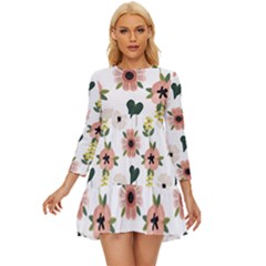 Flower White Pattern Floral Long Sleeve Babydoll Dress