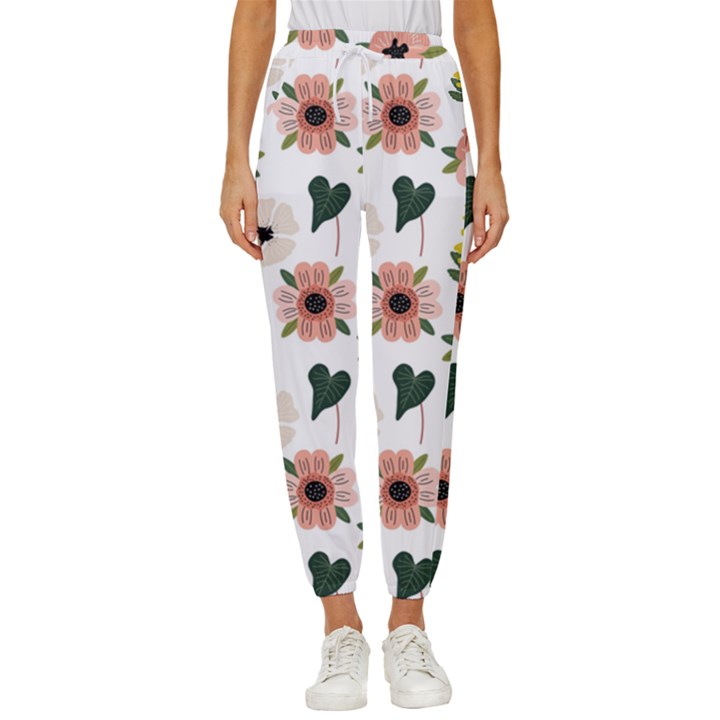 Flower White Pattern Floral Women s Cropped Drawstring Pants