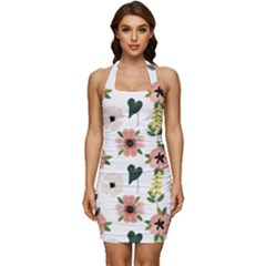 Flower White Pattern Floral Sleeveless Wide Square Neckline Ruched Bodycon Dress