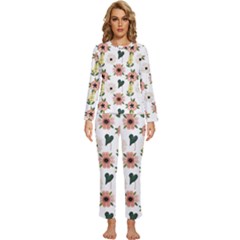 Flower White Pattern Floral Womens  Long Sleeve Lightweight Pajamas Set