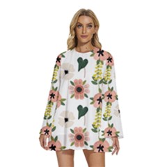 Flower White Pattern Floral Round Neck Long Sleeve Bohemian Style Chiffon Mini Dress