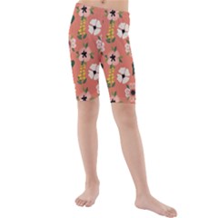 Flower Pink Brown Pattern Floral Kids  Mid Length Swim Shorts by anzea