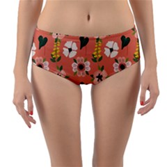 Flower Pink Brown Pattern Floral Reversible Mid-waist Bikini Bottoms