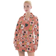 Flower Pink Brown Pattern Floral Women s Long Sleeve Casual Dress