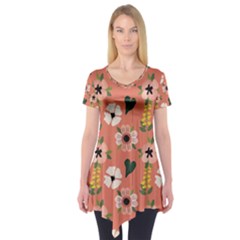 Flower Pink Brown Pattern Floral Short Sleeve Tunic 