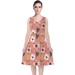 Flower Pink Brown Pattern Floral V-neck Midi Sleeveless Dress 