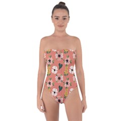 Flower Pink Brown Pattern Floral Tie Back One Piece Swimsuit by anzea