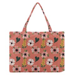 Flower Pink Brown Pattern Floral Zipper Medium Tote Bag