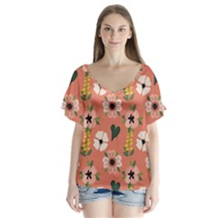 Flower Pink Brown Pattern Floral V-neck Flutter Sleeve Top