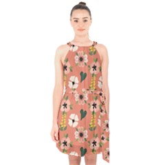 Flower Pink Brown Pattern Floral Halter Collar Waist Tie Chiffon Dress