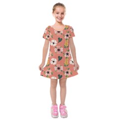 Flower Pink Brown Pattern Floral Kids  Short Sleeve Velvet Dress