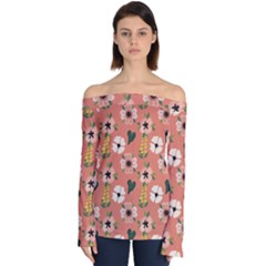 Flower Pink Brown Pattern Floral Off Shoulder Long Sleeve Top