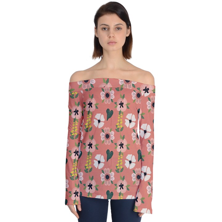 Flower Pink Brown Pattern Floral Off Shoulder Long Sleeve Top