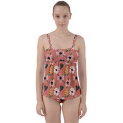 Flower Pink Brown Pattern Floral Twist Front Tankini Set