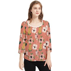 Flower Pink Brown Pattern Floral Chiffon Quarter Sleeve Blouse by anzea