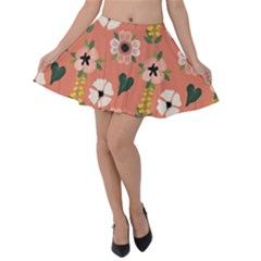 Flower Pink Brown Pattern Floral Velvet Skater Skirt