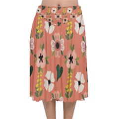 Flower Pink Brown Pattern Floral Velvet Flared Midi Skirt