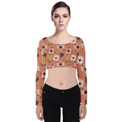 Flower Pink Brown Pattern Floral Velvet Long Sleeve Crop Top