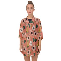 Flower Pink Brown Pattern Floral Half Sleeve Chiffon Kimono