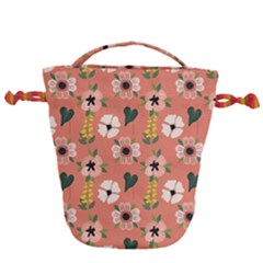 Flower Pink Brown Pattern Floral Drawstring Bucket Bag