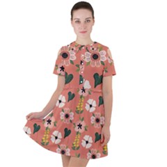 Flower Pink Brown Pattern Floral Short Sleeve Shoulder Cut Out Dress 