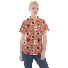 Flower Pink Brown Pattern Floral Women s Short Sleeve Pocket Shirt