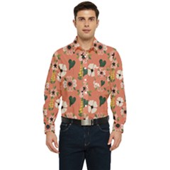 Flower Pink Brown Pattern Floral Men s Long Sleeve Pocket Shirt 