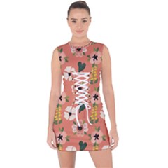 Flower Pink Brown Pattern Floral Lace Up Front Bodycon Dress