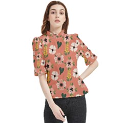 Flower Pink Brown Pattern Floral Frill Neck Blouse