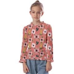 Flower Pink Brown Pattern Floral Kids  Frill Detail T-shirt