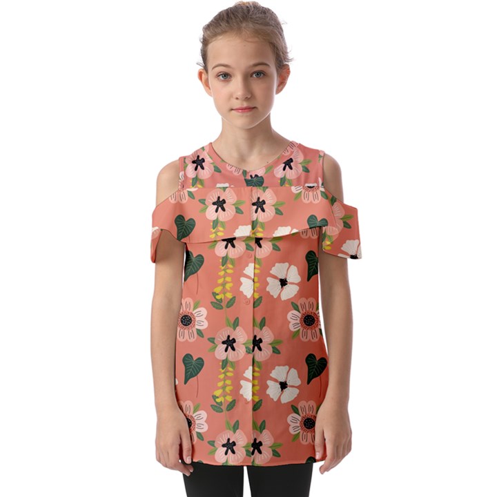 Flower Pink Brown Pattern Floral Fold Over Open Sleeve Top