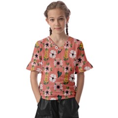 Flower Pink Brown Pattern Floral Kids  V-neck Horn Sleeve Blouse