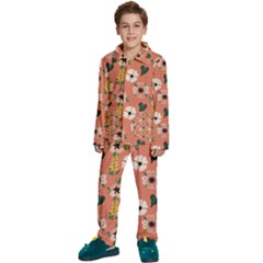 Flower Pink Brown Pattern Floral Kids  Long Sleeve Velvet Pajamas Set