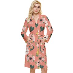 Flower Pink Brown Pattern Floral Long Sleeve Velvet Robe