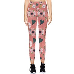 Flower Pink Brown Pattern Floral Pocket Leggings  by anzea