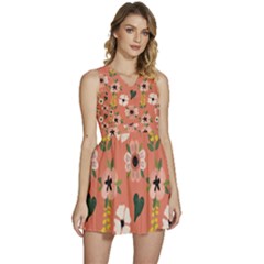 Flower Pink Brown Pattern Floral Sleeveless High Waist Mini Dress