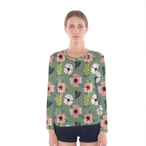 Flower Green Pink Pattern Floral Women s Long Sleeve T-shirt by anzea