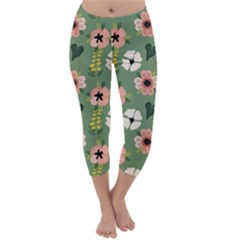 Flower Green Pink Pattern Floral Capri Winter Leggings 