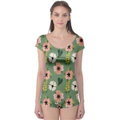 Flower Green Pink Pattern Floral Boyleg Leotard  by anzea