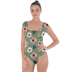 Flower Green Pink Pattern Floral Short Sleeve Leotard  by anzea