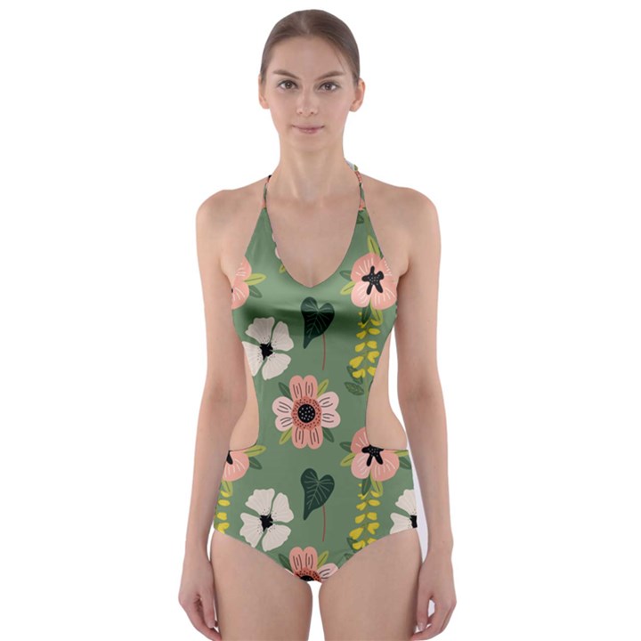 Flower Green Pink Pattern Floral Cut-Out One Piece Swimsuit