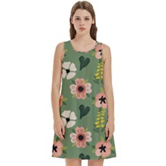 Flower Green Pink Pattern Floral Round Neck Sleeve Casual Dress With Pockets by anzea