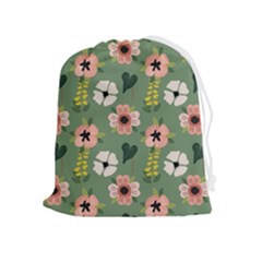 Flower Green Pink Pattern Floral Drawstring Pouch (xl)