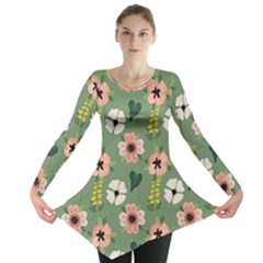 Flower Green Pink Pattern Floral Long Sleeve Tunic  by anzea