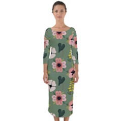 Flower Green Pink Pattern Floral Quarter Sleeve Midi Bodycon Dress