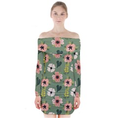 Flower Green Pink Pattern Floral Long Sleeve Off Shoulder Dress