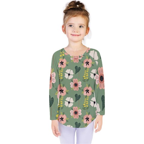 Flower Green Pink Pattern Floral Kids  Long Sleeve T-shirt by anzea